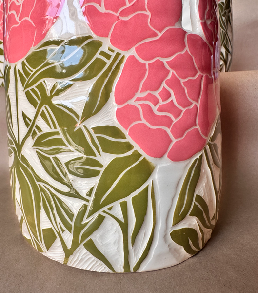 Large Pink Peony Ceramic Vase with Scalloped Brim