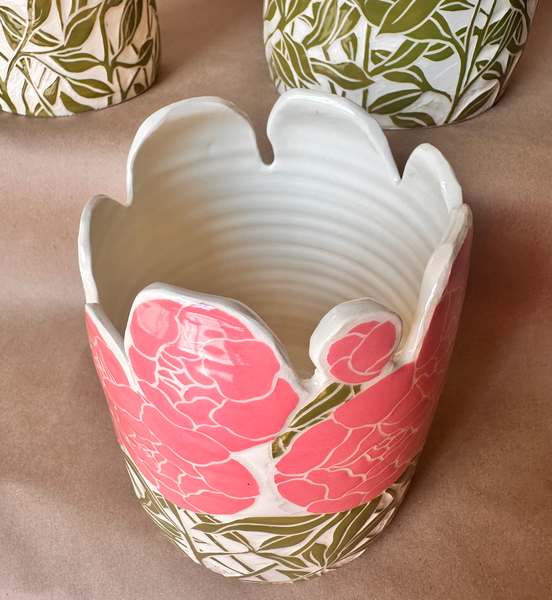 Large Pink Peony Ceramic Vase with Scalloped Brim